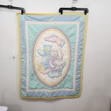 Vintage 80s 90s Nursery Quilt Teddy Bear Crib Blanket Multicolor Cathy Heck