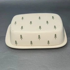 Large Butter Dish Stoneware Pine Fir Trees Rustic Christmas Holiday Cabin