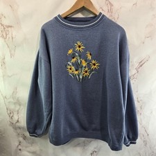 Vintage Sweatshirt Womens XL 2X Blue Yellow Granny 90s Pullover Sunflower