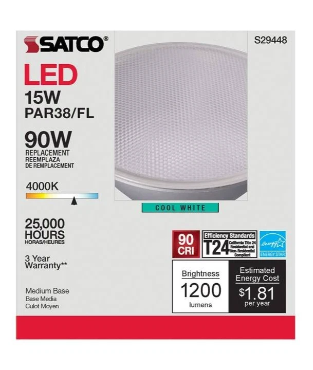 LED Bulb Light E26 15W 120V PAR38 LED 4000K 40° Cool White, SATCO #S29448 3-PACK - Image 3 of 3