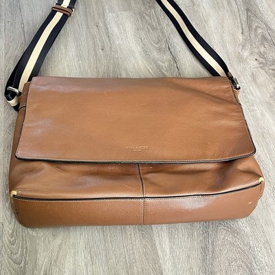 Coach Leather Charles Messenger Bag Brown Navy Striped Strap