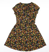 New Look Damen schwarz Blumenmuster Polyester A-Linie Gr&ouml;&szlig;e 6 Rundhals Rei&szlig;verschluss