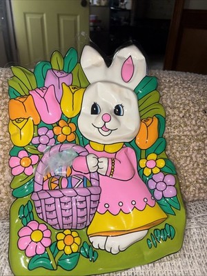 VTG Bunny Rabbit Easter Hanging Decoration Wall Decor Plastic Mold Eggs Tulips