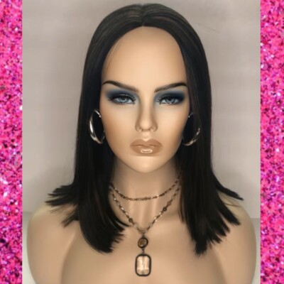 #ad 1B 30 BLACK BROWN Highlights Middle Part Medium Bob Synthetic 16” Wig USA SELLER $40.00