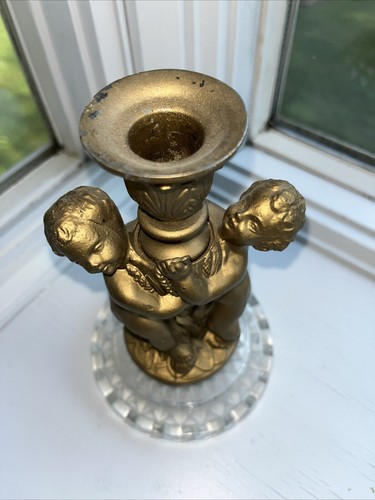 Table Lamp-Angel Cherubs-Glass Base Cast Metal 6” vintage - Picture 2 of 6