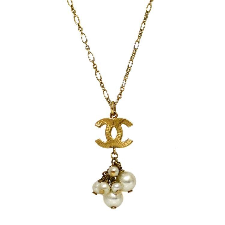 Chanel Necklace Gold White Coco Mark GP Pearl Used 07P