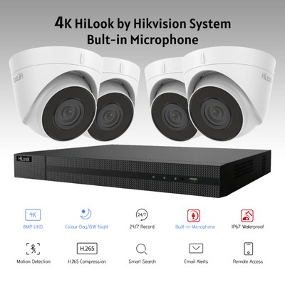 HIKVISION 4K CCTV SYSTEM IP POE 8MP AUDIO MIKRO NACHTVISION SICHERHEITSKIT/4X WEISS