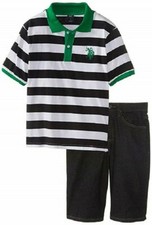 U.S. POLO BOYS WIDE STRIPE PIQUE POLO AND DENIM SHORT SET 10, KELLY GREEN NEW