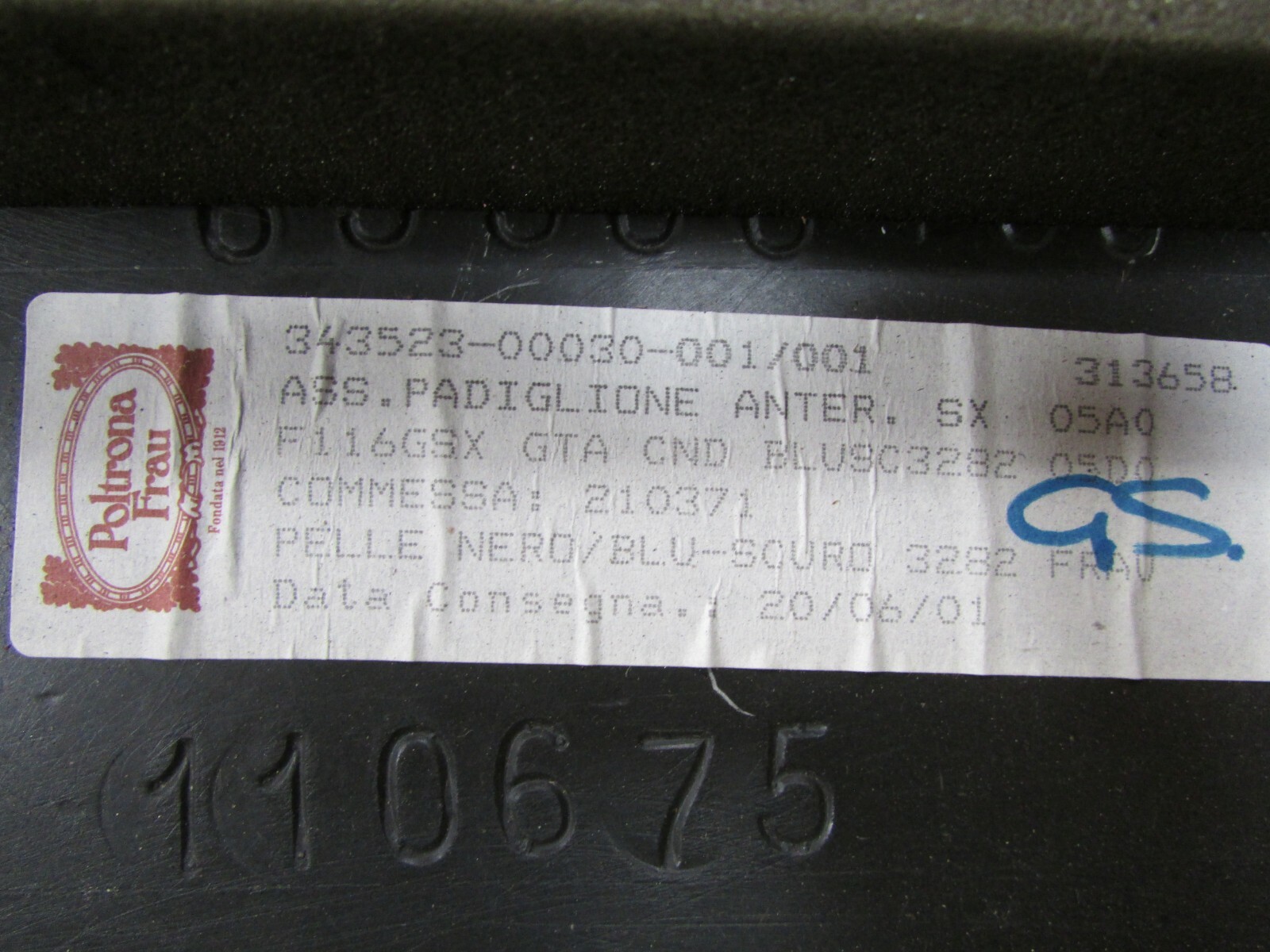 Ferrari 456, LH, Left Headliner, Blue, Used, P/N 65566200