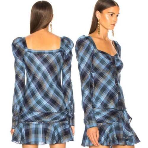 VERONICA BEARD Frankie Top Sweetheart Neck Pearl Snap Sparkle Blouse Plaid Blue - Picture 2 of 17