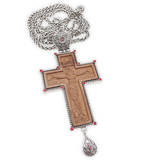 Clergy Pectoral Cross 23" Priest Bishop Silver Crucifix Wood Jesus Pendant