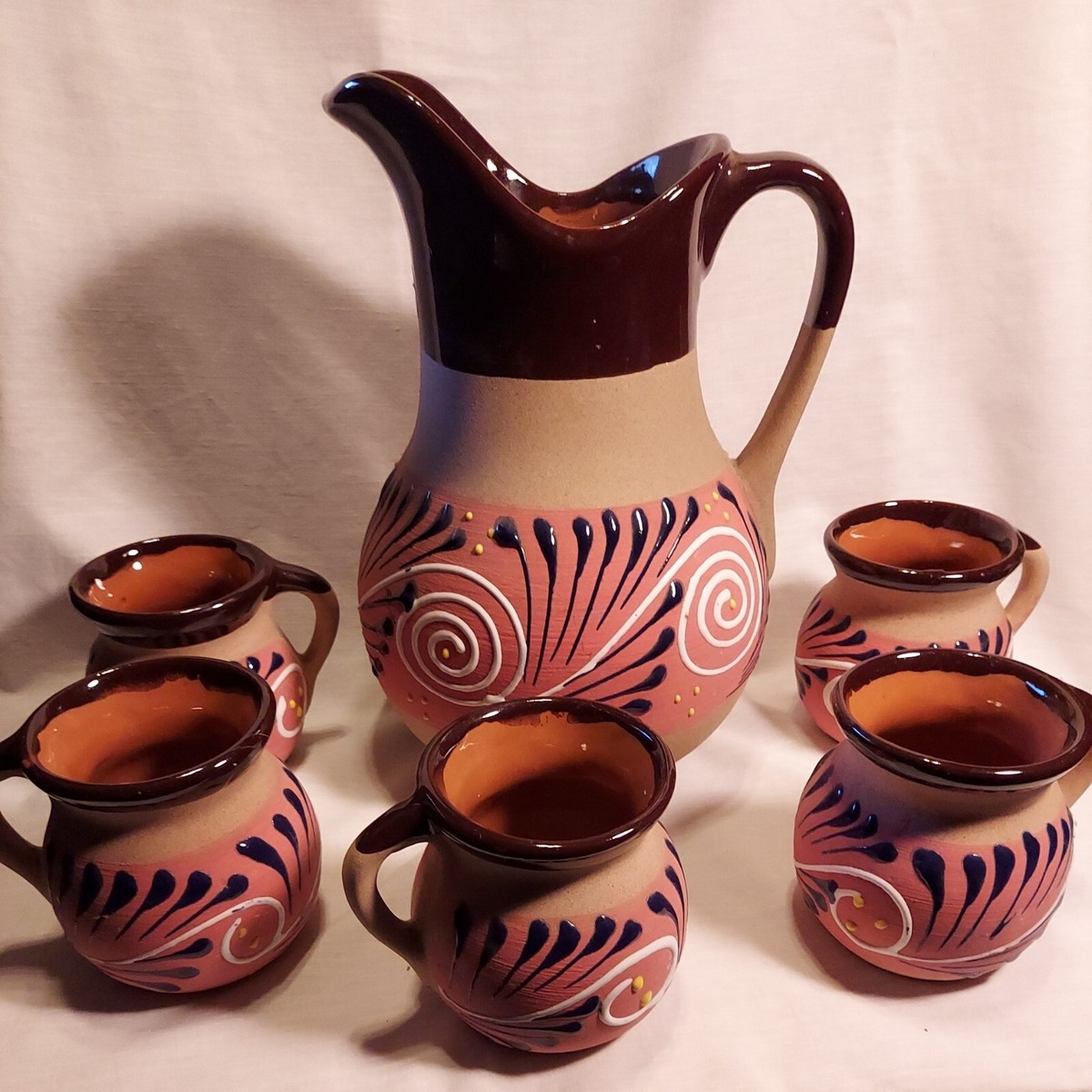 Bendigo Pottery コーヒー紅茶キャニスター、ピッチャー3点セット Handpainted Mexican Pottery Red Clay Water Pitcher Cup 7 pc Set