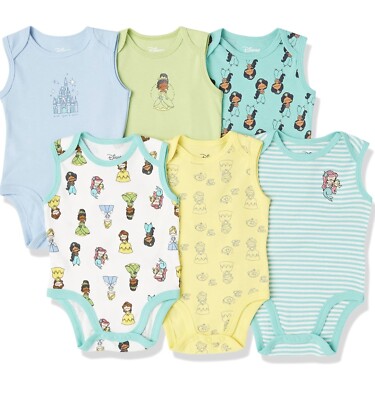 Disney Princess Girls Sleeveless Bodysuits 6-Pack Babygrow