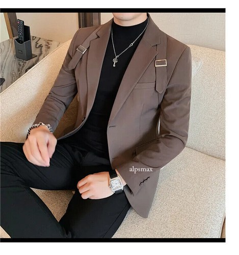 Mens Shoulder Strap Design Blazer Jacket Two Buttons Slim Fit Suits Coat Outwear - Picture 12 of 26