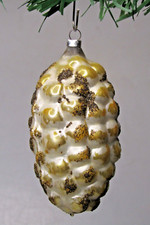 Vintage Blown Glass Outdent Gold PINECONE Glittered Christmas Ornaments Germany