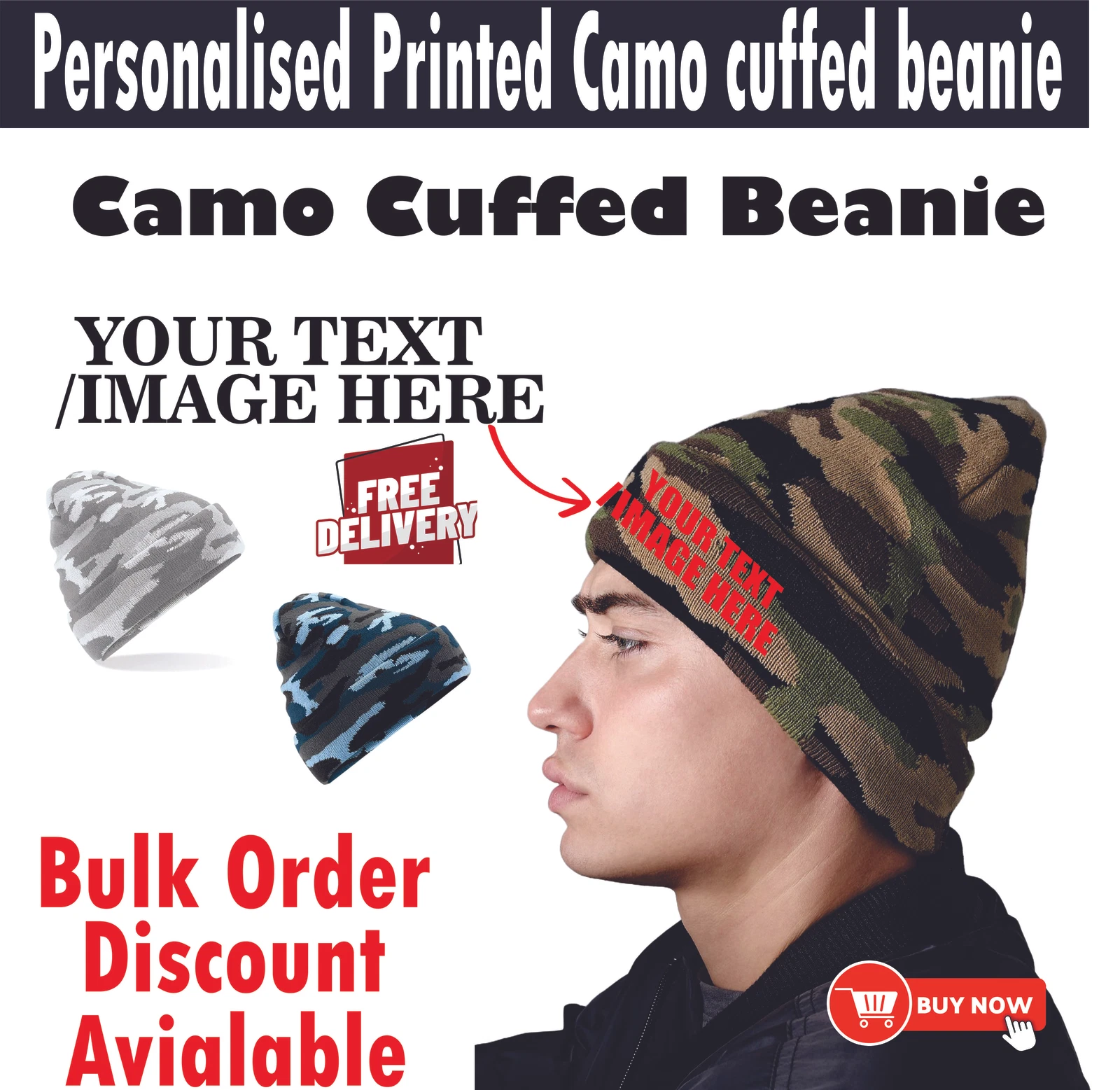 Personalised Printed Camo Cuffed Beanie Cap, Your Text/image Camo Cuffed Beanie