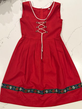 German Import Haus Red Dirndl Dress Lace-Up Front Lace Trim Cotton Size 2.