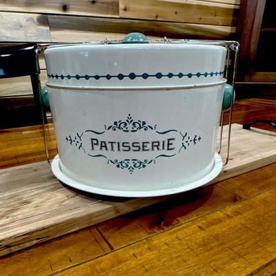 Patisserie Metal Cake Carrier White Teal Accents Round With Handle Lid Reusable