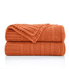 Orange Knitted Throw Blanket, 50x60, Lightweight Stripe Pattern, Sofa,Bed,Cozy