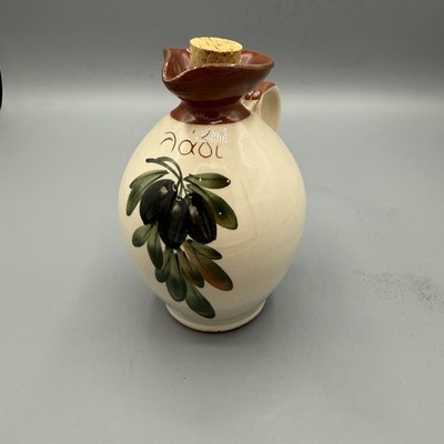 VTG Greek Pottery Olive Oil Pitcher / Jug Painted Olive Branch Glazed