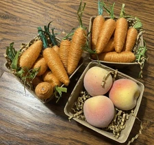 3 Brown Paper Crates 2 Faux Mini Carrots & 1 Mini Peaches Brown paper shredding