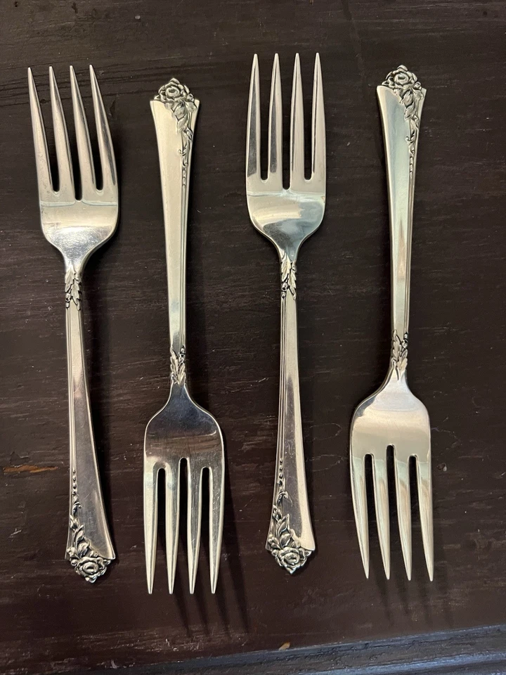 Tenedores de ensalada de plata esterlina Oneida damasco rosa reliquia (4) Foto 3 de 4