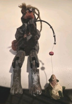 RARE! FISHING BEAR ARTICULATED ORNAMENT WITH ROD & REEL AND BASKET 5'' TALL NEW