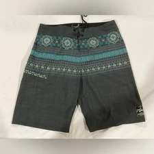 Local Motion Board Shorts Swim Trunks Gray Teal Hawaii Pattern Men's
