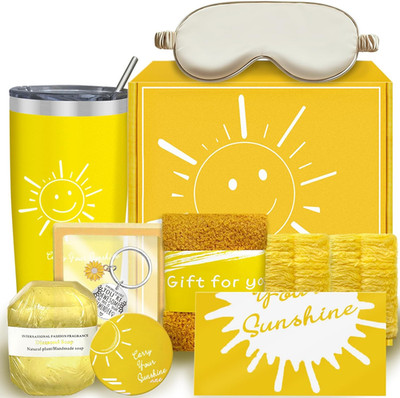 Gift Basket for Women,Yellow Sunshine Cheer up Box, 9Pc Thoughtful Birthday or G