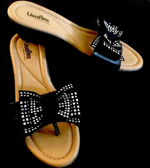 USAFLEX Black Thong Sandals-2â Wedge-Bow Silver Studs-Cushion Beds-NWOB-Size 9M | eBay