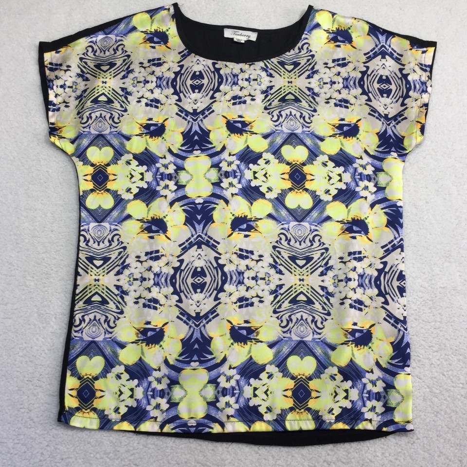 Teaberry Ladie's Black Yellow Floral Short Sleeve Round Neck T Shirt Size 8