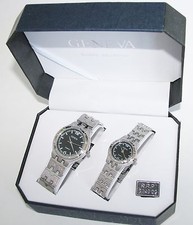 GENEVA SILVER TONE STEEL TEXTURED BAND+BLACK DIAL 2,TWO PIECE HIS+HER WATCH SET