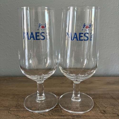 Maes Pils Beer Glass Set of 2 Stemmed Tulip Logo 25cl Belgium Brewery