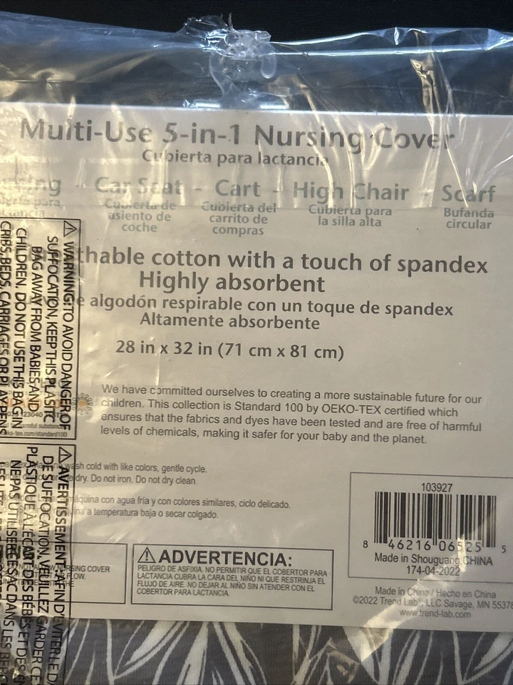 Trend Lab Multiuso 5 en 1 Bufanda Cubierta de Enfermería Bebé Gris/Blanco 28x32" NUEVO Foto 3 de 4