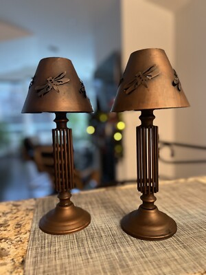 2 Copper Metal Tea Light Candle Holder with Cut-out Dragonfly Vintage 12.5'' Rare