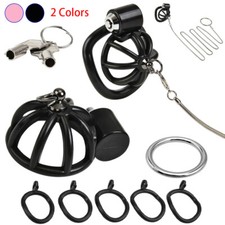 NEW Pro Breathable Cage Male Chastity Device Button Click Lock Belt w/ 5 Rings