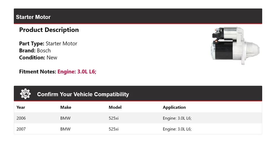 Arranque Bosch para BMW 525xi 2006-2007 3,0 L L6 (nuevo) Foto 2 de 4