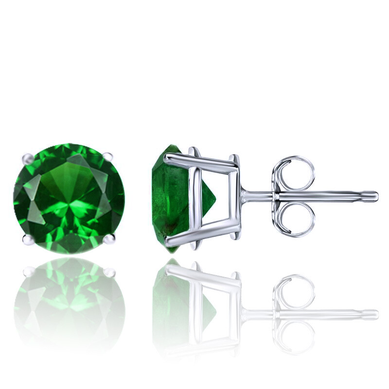 Solitaire Simulated Emerald Stud Earrings in 14K White Gold Plated Silver-image