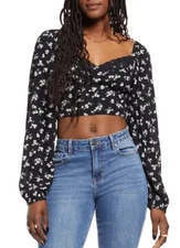 BP Lace Trim Long Sleeve Crop Top Black Floral Size XS Coquette Smocked Rayon