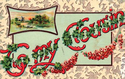To My Cousin Leaves Flowers Designs Lake Sunset Greetings Antique Postcard 1911