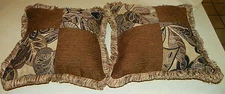 Pair of Brown Tan Leaf Print Fringed Throw Pillows  17 x 17