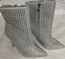 Rhinestone Stiletto Silver Ankle Bootie Boot Sz 6M Zip Up 4 Inch Heel