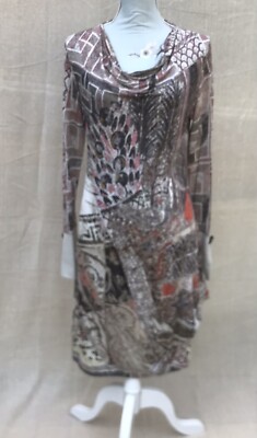 SAVE THE QUEEN DRESS SIZE 37 COWL NECK ASYMMETRIC BALLOON HEM BROWN ORANGE CREAM