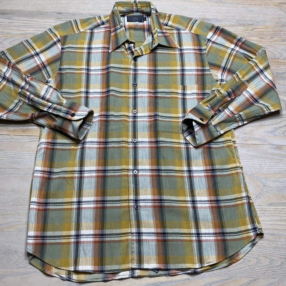 VTG Ike Behar Crinkled Green & Orange Plaid Shirt Mens M USA Made Long Sleeve - Image 4 of 4