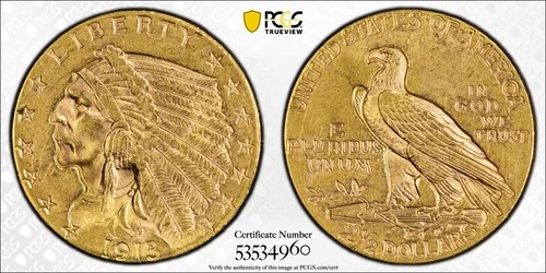 1913 $2.50 Gold Indian Head Quarter Eagle PCGS Graded MS 62