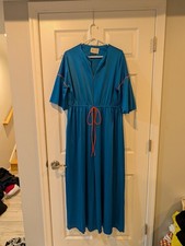 Vintage 70s Vanity Fair Teal Blue Robe Orange Trim Zipper Front Maxi Lounge M