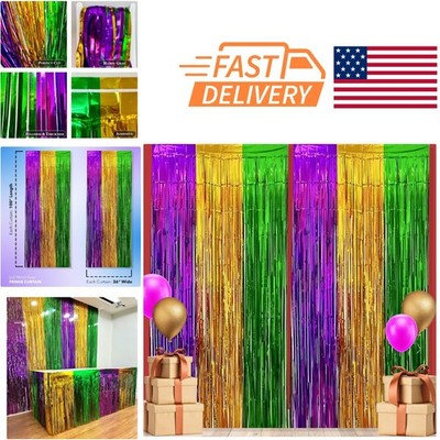 Tri Color Mardi Gras Tinsel Backdrop 2 Pack Purple Gold Green Foil Curtain