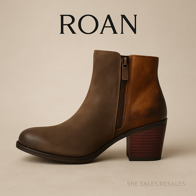 Roan by Bed|Stü  Lina  Mixed Leather Bootie 8M Brown Distressed Stack Heel Zip A