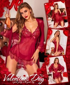 RSLOVE Women Sexy Lingerie Set 3 Piece Babydoll & Lace Kimono Robe Strap Chemise