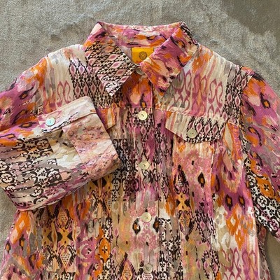 Ruby Rd Jacket Top 14P Pink Orange Ikat Print Linen Blend Button Up Eclectic